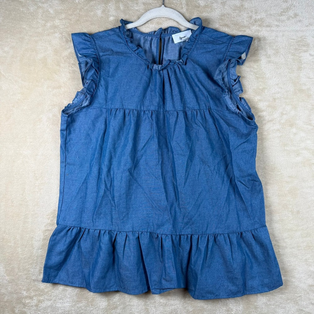 Fyve Women Blue Chambray Tiered Ruffle Sleeveless Babydoll‎ Blouse Large Boho